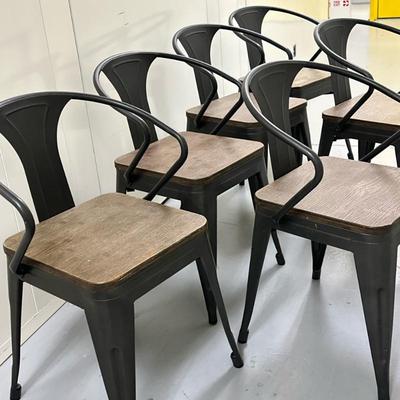 (6pc) Industrial Style Dining Chairs | Set of six industrial style dining chairs, with gunmetal gray frame and wooden seats. Seat: h....
