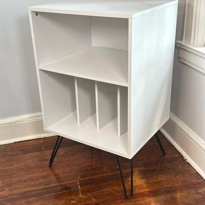 Modern Style Turntable Stand - White | Turntable stand features a mid-century inspired design with metal hairpin legs, a wide top surface...