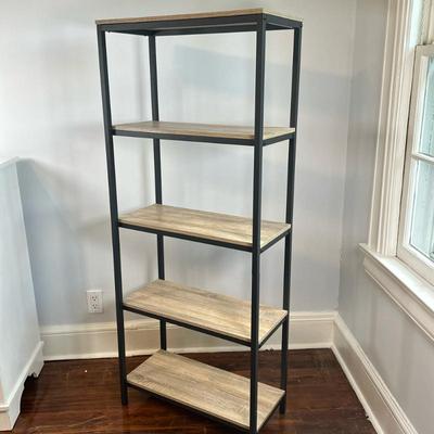 Five-Shelf Bookshelf | This 5-shelf bookshelf featuring a black metal frame with a light wood-look finish and open shelving for versatile...