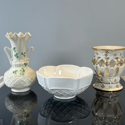 (3pc) Fine Ceramics - Belleek & Lenox | Fine ceramic pottery, including: Vintage (1960s-1980s) Belleek (Ireland) ceramic...
