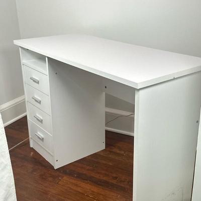Modern Style Writing Desk - White | Rectangular white writing desk featuring four drawers with built-in storage, designed with metal...