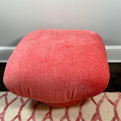 Swivel Pouf/Ottoman (2/2) | Round-based, square-topped swivel pouf/ottoman upholstered in a reddish-pink fabric. - h. 16 x w. 24 x d. 24 in
