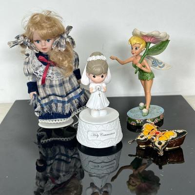 (4pc) Collectible Figurines & Trinket Box | Porcelain doll in blue plaid dress with blonde hair in pigtails Disney Traditions by Jim...