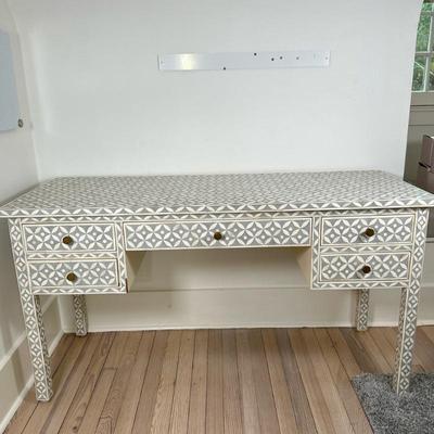 Desk with Geometric Pattern Inlay | Geometric patterned bone inlay desk in white and gray, with four side drawers and one center drawer....