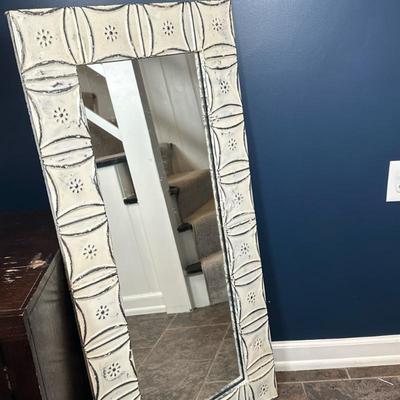Distressed White Floor Mirror | Floor mirror with a white distressed frame crafted from painted and patinated zinc-like material plates....