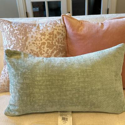 (3pc) Throw Pillows - Pinks & Green | Throw pillows including a solid pink-colored square pillow with intricately stitched trim, a...