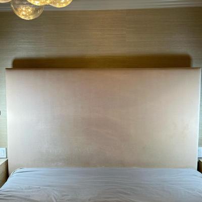 Upholstered Headboard & Frame - King | King-size platform bed set including a taupe upholstered headboard, matching frame, and...