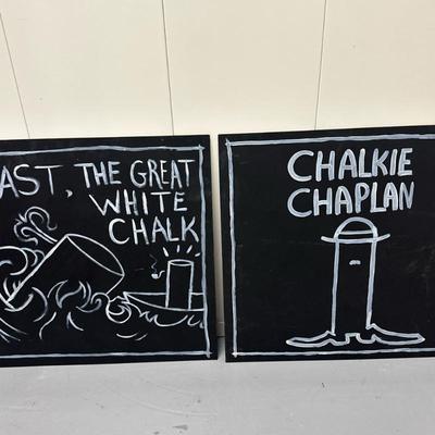 (2pc) Painted Chalk Art - "Chalkie Chaplan" | Original painted chalk art, including: "Avast, The Great White Chalk"....