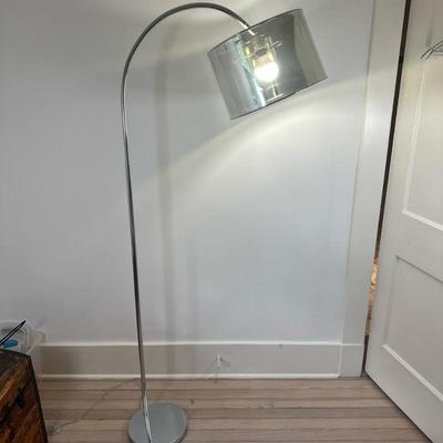 Arched Floor Lamp with Drum Light Shade | Arched floor lamp with brushed nickel finish and semi-transparent drum light shade and step...
