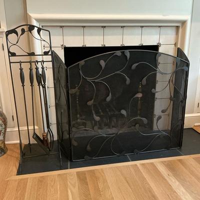 Black Floral-esque Fireplace Screen & Tools