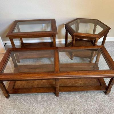 Antique Wood Coffee Table with Square & Oval End Tables