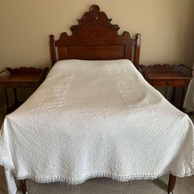 Antique Full-Size Bed with Mattress, Box Spring, and 2 Side Tables