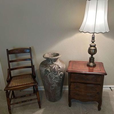 Night Stand, Antique Chair & Large Stone Vase