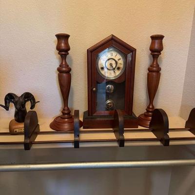 Antique Seth Thomas Clock, Wooden Candle Holder, Wooden Shelf & Bronze Stone Ram