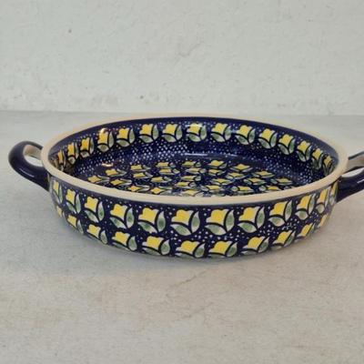 Vintage Polish Pottery 2-Handled Short Baker - 9½" Diameter (without Handles) x 2" Deep