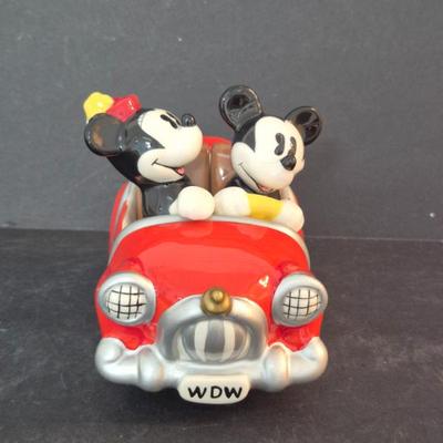 Vintage Disney Adorable Mickey & Minnie Mouse Ceramic Salt & Pepper Shakers in Red Car Caddy