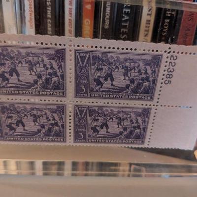 A unique piece of baseball history and philatelic art! This clear acrylic frame contains a complete block of four 3-cent "Centennial...