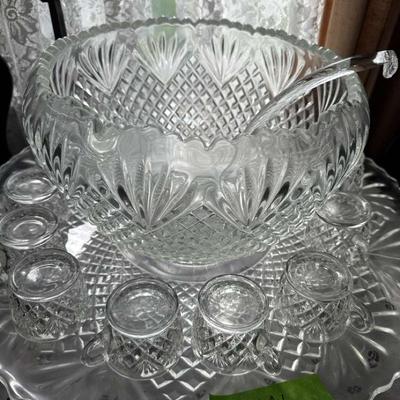Lot 121:  Vintage pressed glass punch bowl set.