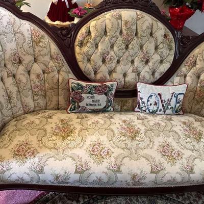 Lot 141:  Victorian Style Carved Wood Settee with Tufted Floral Upholstery