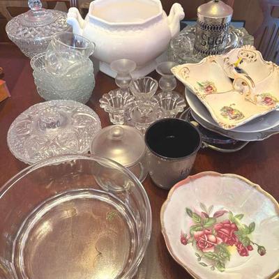 Lot 124:  Pressed Glass Candy Dishes , Candle Holders , Serving Dishes, &Misc
