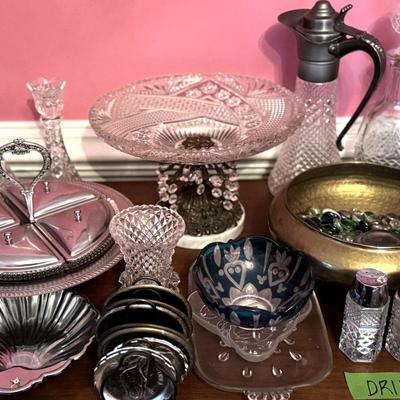 Lot 112:  Pedestal Dish Made In Italy, Silver Plated Four Section Dish, Candlesticks, Vase, S&P, Misc