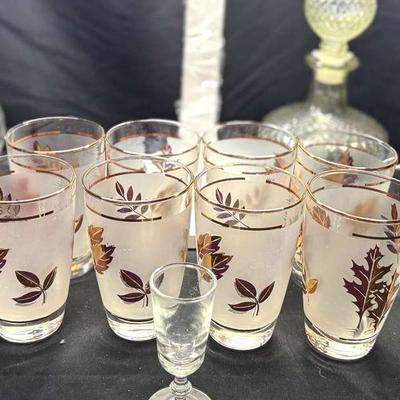 Lot 125:  Vintage Frosted Highball Glasses with Gold Rim & Leaf Design – Set of 8, Two Decanters..