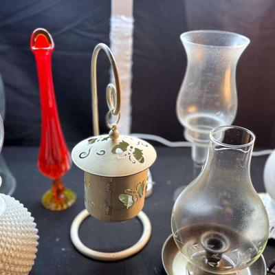 Lot 117: Vintage Oil Lamp With Milk glass Hobnail Pattern, Metal Base Lamp, Candle Holders 