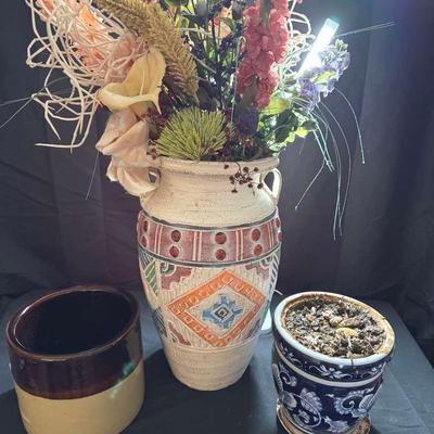 Lot 131: Crock (unmarked), Planter, Large Vase With Arrangement 