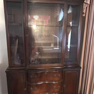 Lot 159:  Vintage Mahogany China Cabinet with Bow-Front Drawers and Glass Display Hutch