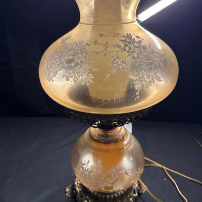 Lot 162:  Vintage Hurricane Lamp with Frosted Floral Glass Shade and Ornate Metal 