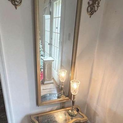 Lot 151:  Vintage Gold Gilt Wall Mirror with Matching Sconces & Console Table