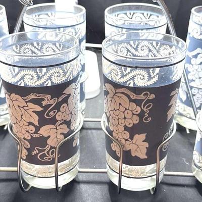 Lot 119:  Vintage Mid-Century 8-Piece Grape Motif Drinking Glass Set with Chrome Caddy