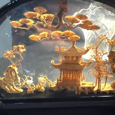 Lot 166: Vintage Chinese Cork Carving Dioram in Glass Display Case, Large Leaf Bowl, Pressed Glass 