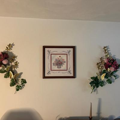 Lot 502: Gold Butterfly & Floral Wall Sculpture with Silk Blooms
