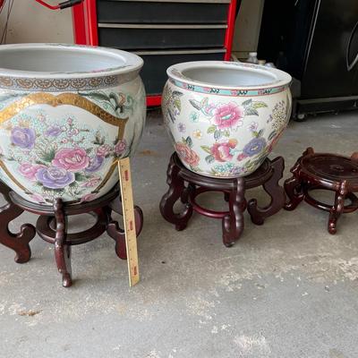 Two Asian Planter Pots And Three Wood Stands