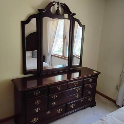 Dark Stained Long Dresser With Mirror 