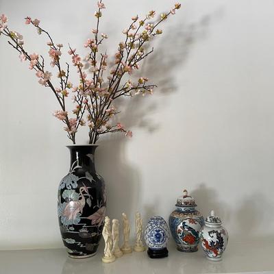 Lot Of Asian Oriental Decor Including Vase With Faux Flowers