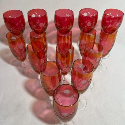 Vintage French Cranberry Stain Etched Wine Glasses, 5 Wine & 11 Cordials