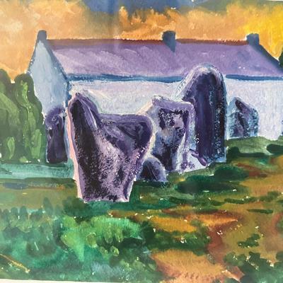 “Farm & Standing Stones” By Lucette Bourdin, Watercolor/gouche On Paper