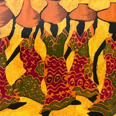 African Batik Painting, Women Dancing With Vessels, Vintage