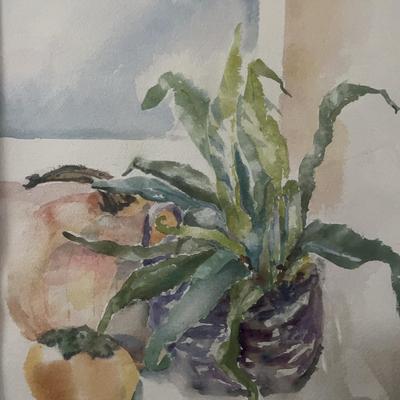 Still Life Water Color, Persimmon, Pumpkin, Bromeliad BY A.L. Valcan