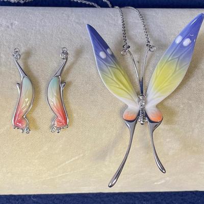 Franz Porcelain Butterfly Necklace/ Earrings Set 