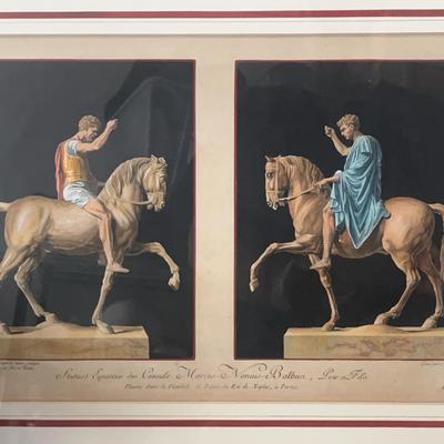 Equestrian Statues Vintage Color Etchings, Framed