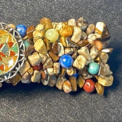 .925 Sterling Silver Southwestern Inlay Jasper Medallion 7" Stretch Bracelet