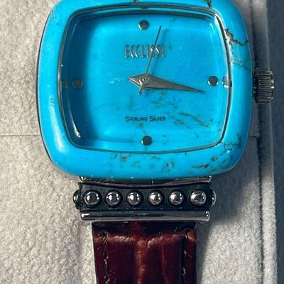 .925 Sterling Silver Carved Gemstone Case W/Leather Strap Watch By Ecclissi