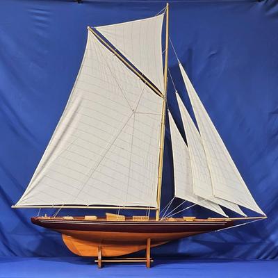 Large Wooden & Canvas Detailed Sailboat Model On Stand