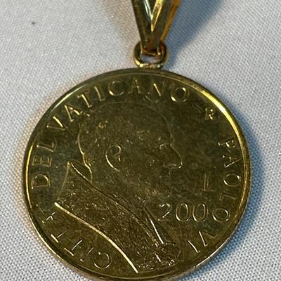14K Gold Pendant Bail & Gold Plated 200 Lira Vatican Coin 