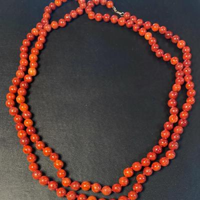 .925 Sterling Silver Red Coral Bead 60” Necklace 