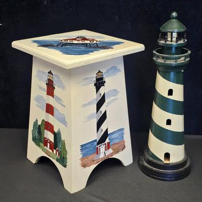 Hand-Painted Lighthouse Theme Wooden Storage Stool (1) + Wooden Lighthouse Decor (1)