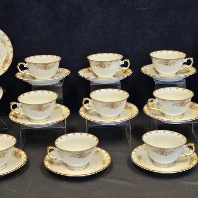 Royal Embassy 'Lincoln' Porcelain China Teacups (10), Saucers (12) + Cream/Sugar Set (1)
